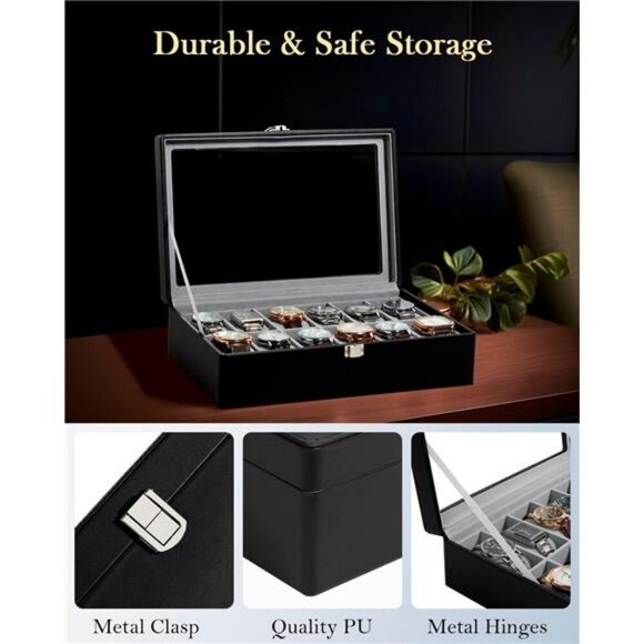 GUKA Watch Box 12 Slot Display Case Glass Lid Leather Organizer Black Velvet - Picture 3 of 7